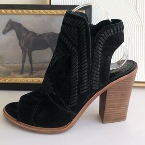 Vince Camuto Black Suede Peep-Toe Block Heel Booties